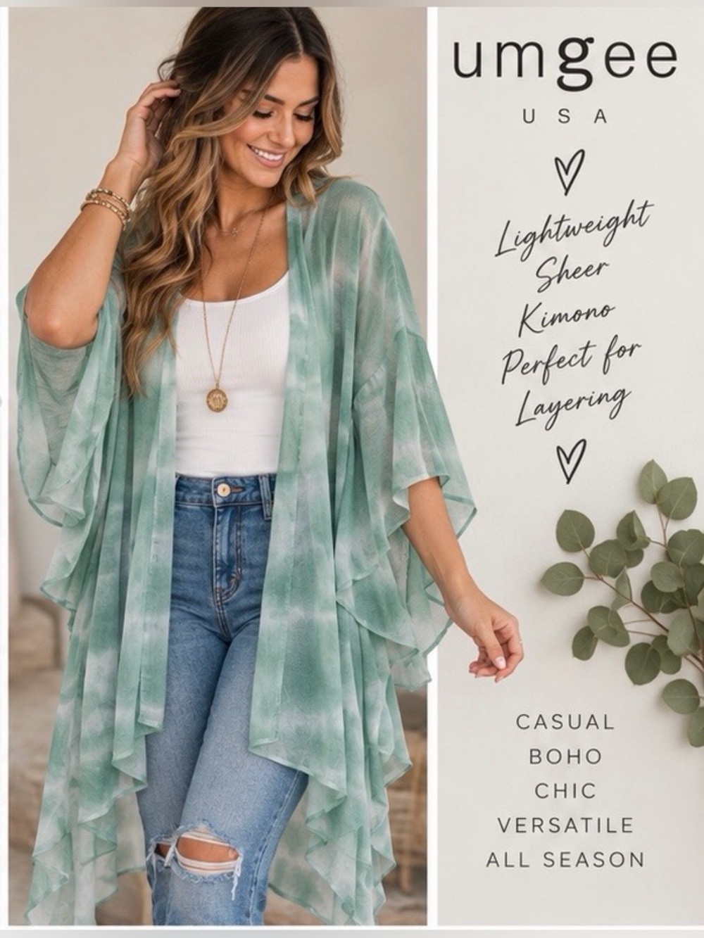 Umgee Mint Green Tie Dye Sheer Kimono Cardigan Boho Cover Up NWT